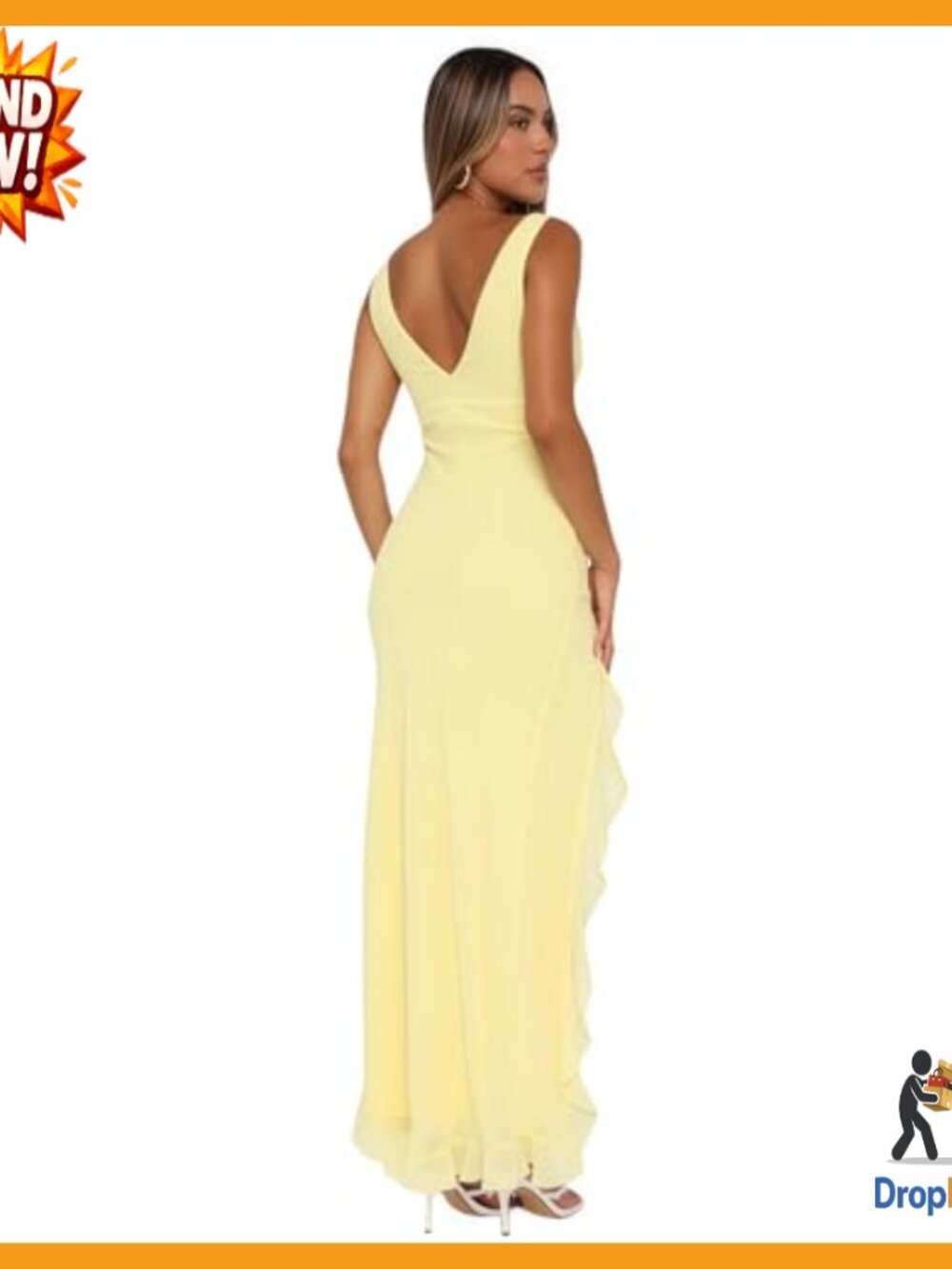 Sexy V Neck Mesh Maxi Dress Ruffle Hem High Slit Bodycon Cocktail Party - Picture 4 of 7